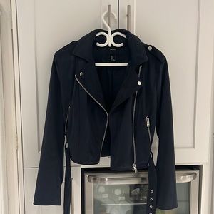NAVY FAUX SUEDE BIKER JACKET